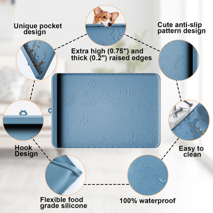 Dog Food Mat - Silicone Dog Mat for Food and Water - 36" x 24" Large Pet Feeding Mats with Residue Collection Pocket - Waterproof Dog Cat Bowl Mat with High Edges to Prevent Water Food Spills