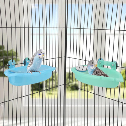 Wontee Bird Bath Box with Mirror Portable Parrot Hanging Bathroom Bathing Tub for Small Birds Cleaning Supplies (Blue(A)+Green)
