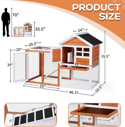 Outvita Rabbit Hutch, Small Wood Chicken Coop, 48" Guinea Pig Cage w/Pull-Out Tray, Waterproof Asphalt Roof, Chicken Run, Interactive Door for Small Animal Pen Outdoor