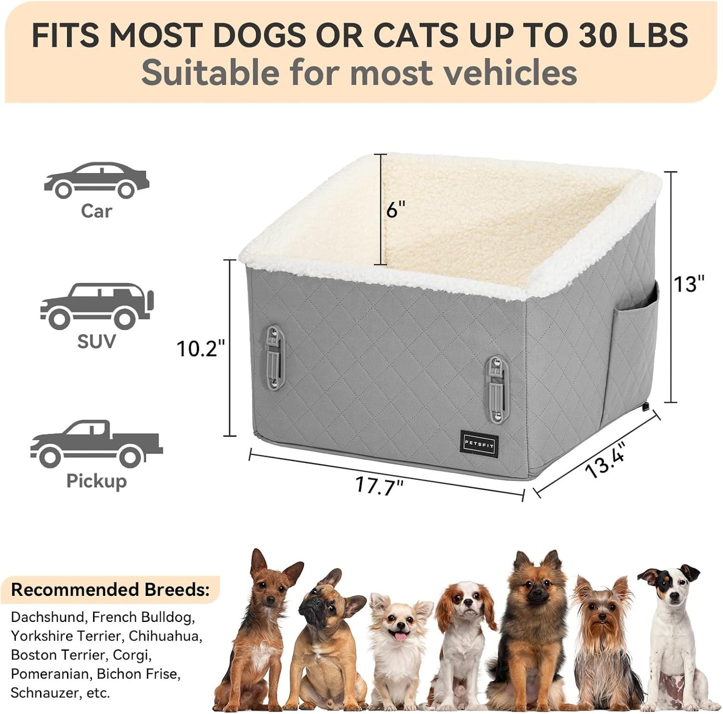 PETSFIT Small Dog Car Seat, Soft Foam Dog Booster Car Seat with Patented Safety Buckles, Storage Pockets and Detachable Clip-On Safety Leash, Dog Car Seat for Medium Dogs 30 LBS (Grey)