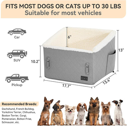 PETSFIT Small Dog Car Seat, Soft Foam Dog Booster Car Seat with Patented Safety Buckles, Storage Pockets and Detachable Clip-On Safety Leash, Dog Car Seat for Medium Dogs 30 LBS (Grey)