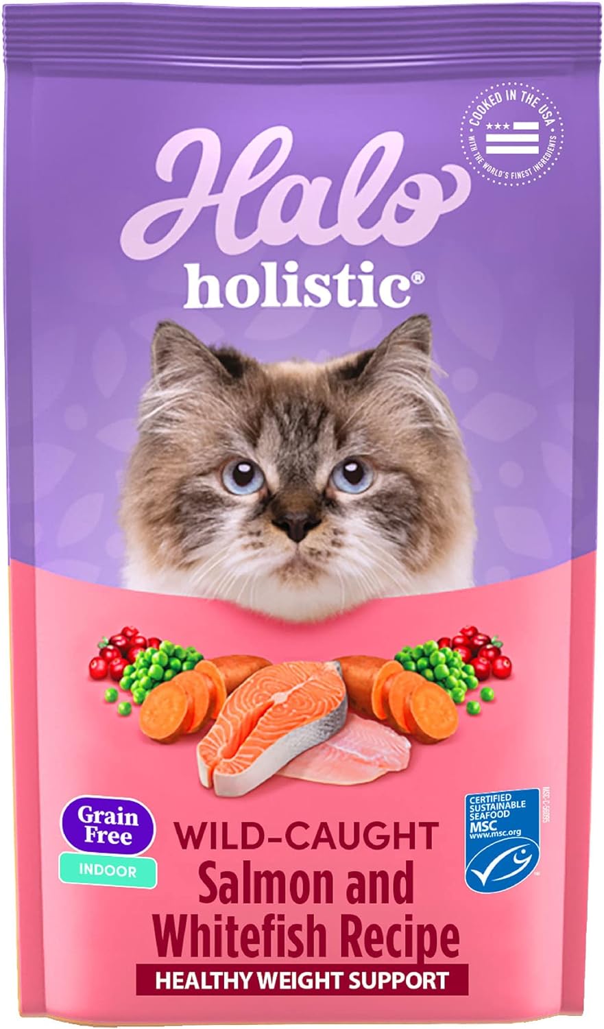 Halo Holistic Cat Food Wild Caught Salmon & Whitefish Formula, Grain Free Dry Cat Food, For Healthy Weight Support, Kibble for Indoor Cats, 10 lb Bag