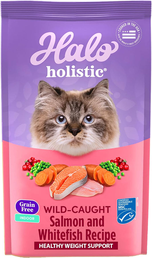 Halo Holistic Cat Food Wild Caught Salmon & Whitefish Formula, Grain Free Dry Cat Food, For Healthy Weight Support, Kibble for Indoor Cats, 10 lb Bag