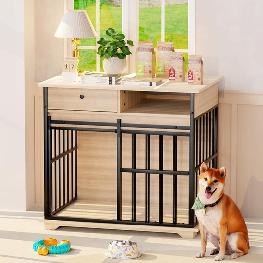 35.5" Dog Crate Furniture, Wooden Dog Crate Furniture for Medium Small Dogs, Wooden Dog Kennel End Table with Drawer and Open Shelves, Sliding Door Dog Kennel Furniture