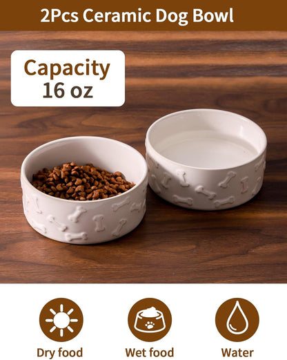 UBEE Ceramic Dog Bowl Set of 2, 5.1 inch Dog Food Bowl with Bone Pattern, Pet Food Water Dish Feeding for Small Dogs and Large Cat, White