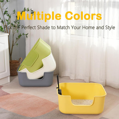 Large Cat Litter Box with High Sides,Cat Boxes for Indoor Cats,Cat Litter Pan for Kitty,Litter Box with Low Entry,Easy to Clean,Anti-Splashing (Green)