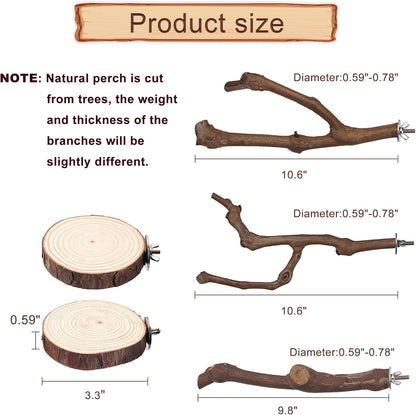 Mogoko 5PCS Bird Perch Natural Wood Grape Stick Stand, 3 Grape Stick Paw Grinding Fork Parakeet Chewing Stick 2 Parrot Stand Branch, Chewing Exercise Branches Bird Cage Accessories