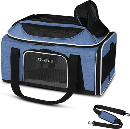 Petskd Top-Expandable Pet Carrier 17x12x8.5 Inches JetBlue Allegiant Spirit Airline Approved, Soft-Sided Carrier for Small Cats and Dogs with Locking Safety Zippers and Anti-Scratch Mesh(Blue)