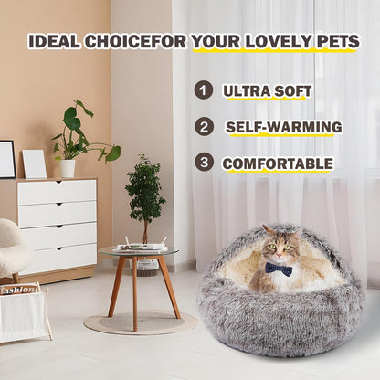 Cat Bed for Indoor Cats, Calming Cozy Cave with Self-Warming Plush, Entire Bed Machine Washable & Anti-Slip Base, Breathable Pet Bed for Small Cats&Dogs All Seasons (Khaki, 24 * 24inch)