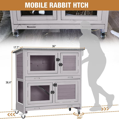 Rabbit Hutch Indoor Outdoor, Bunny Cage with Casters, Guinea Pig Cage Bunny Hutch with Two Plastic Trays 36inch
