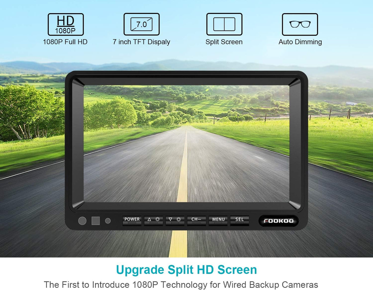Fookoo ??7" HD 1080P Wired Backup Camera System, 7-inch Dual Split Screen Monitor W/Recording IP69 Waterproof Front View Rear View Camera Parking Lines for Truck/Trailer/RV/Skid Steer (FHD2)
