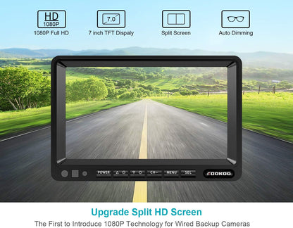 Fookoo ??7" HD 1080P Wired Backup Camera System, 7-inch Dual Split Screen Monitor W/Recording IP69 Waterproof Front View Rear View Camera Parking Lines for Truck/Trailer/RV/Skid Steer (FHD2)