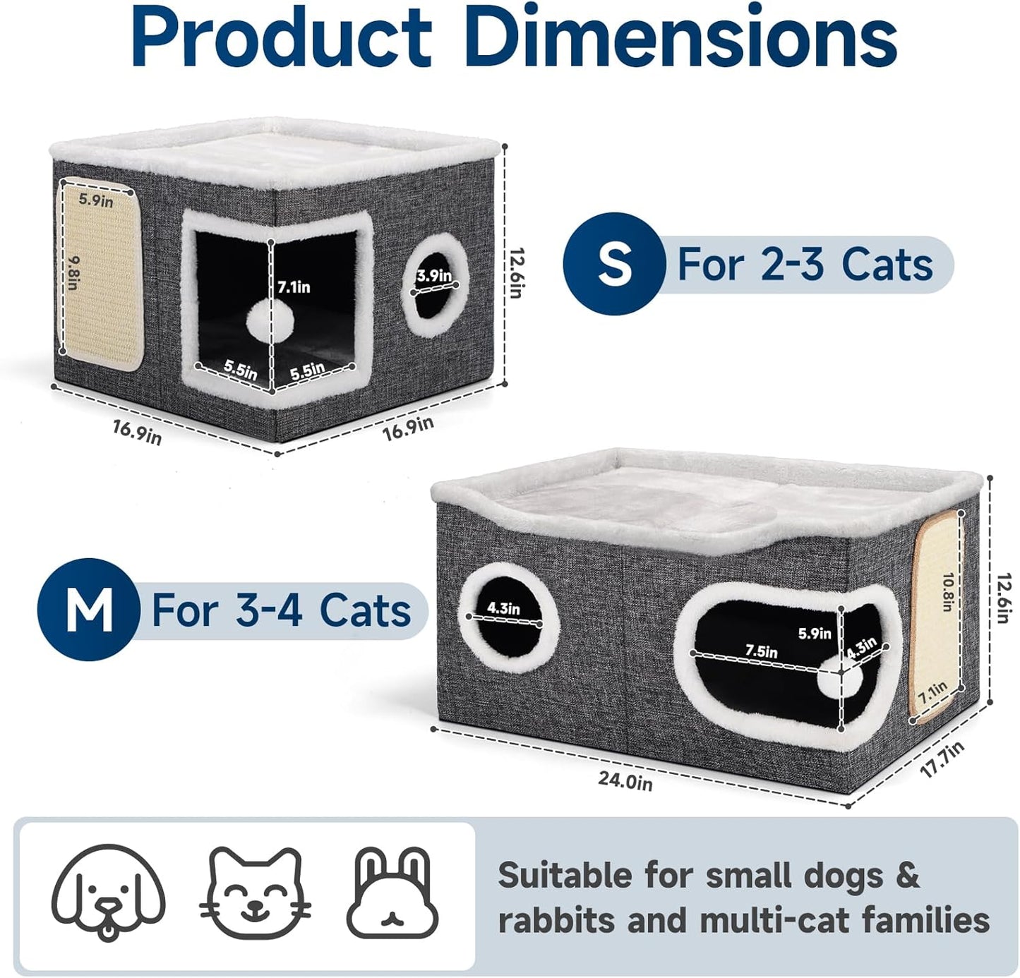Cat Beds for Indoor Cats, Extra Wide Cat Cube House for Multi Cats, Foldable Cat Cave Hideaway with Arc-Edge Design & Oval Door, Double-Side Soft Cushion for All Seasons, 24"L x 17.7"D x 12.6"H, Grey