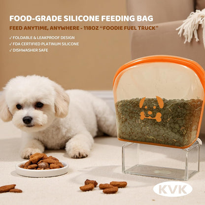 KVK Extra Extra Large Silicone Dog Food Mat 39.4×43.3in and 128oz Silicone Bag Set, Super Size Waterproof Pet Feeding Mat & Container, Non-Slip, Chew-Resistant Floor Protection (Taupe&Orange)