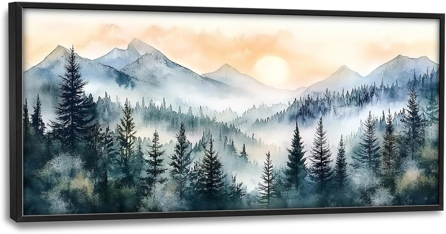 Large Misty Mountain Forest Wall Art for Living Room, Framed Foggy Sunrise Landscape Wall Decor Oversized Watercolor Canvas Painting Modern Artwork Home Decoration for Bedroom Office 60"x30"