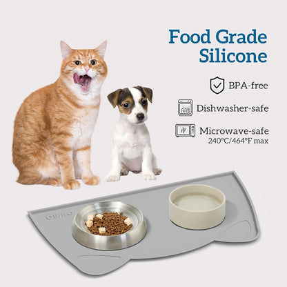 OHMO - Cat Food Mat, Silicone Pet Feeding Mat for Floor Non-Skid Waterproof Dog Water Bowl Tray, Easy to Clean Pet Placemat (Ash, 18 * 9.8'')