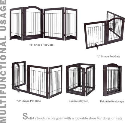 SPIRICH 96-inch Extra Wide 30-inches Tall Dog Gate with Door Walk Through, Freestanding Wire Pet Gate for The House, Doorway, Stairs, Pet Puppy Safety Fence, Support Feet Included(Espresso)