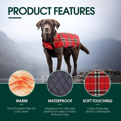 Kuoser Waterproof Dog Coat, Reversible Dog Jacket for Large Dogs, Adjustable Durable Doggie Winter Coat for Groowing Puppies Warm Puppy Cold Weather Apparel, Bright Red L