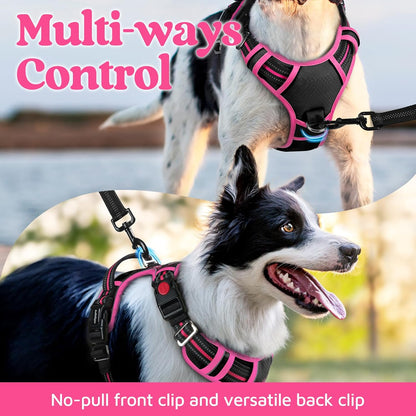 rabbitgoo Dog Harness Medium Sized, No Pull Dog Vest with 3 Buckles, Adjustable Soft Padded Pet Harness with Easy Control Handle and Reflective Strips, Black & Rose Pink, M