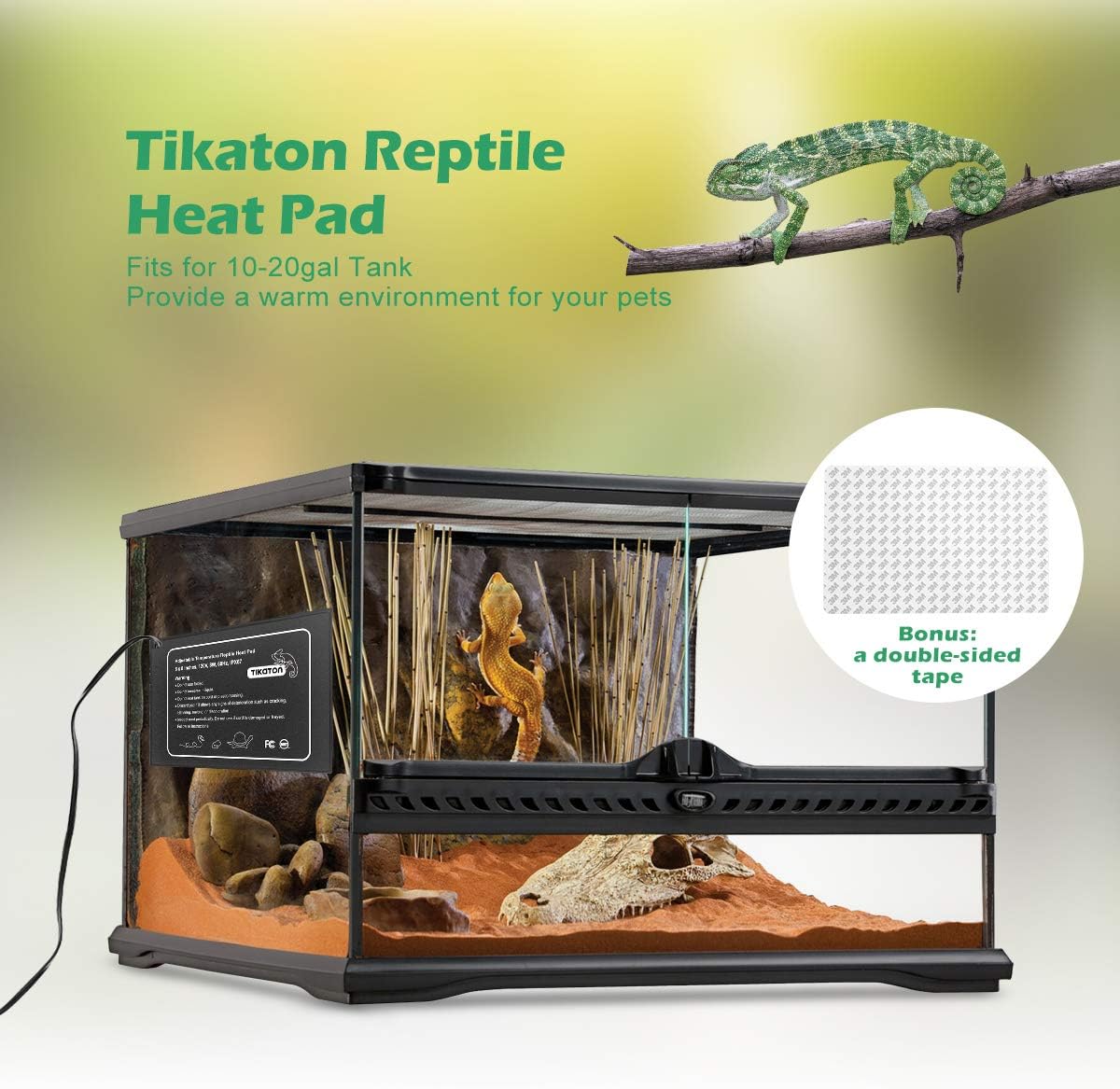 Tikaton Reptile Heat Pad - Adjustable Temperature Under Tank Heater for 10-20gal/30-40gal Tank, Terrarium Heat Mat for Turtle/Snake/Lizard/Frog/Spider/Plant Box