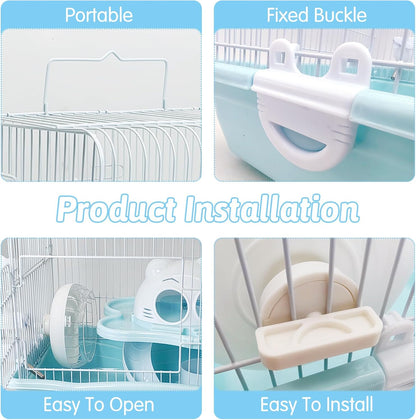 PINVNBY Dwarf Hamster Cage, Small Animal Cages, 2-Tier Travel Portable Mouse Cage Hamster Carrier with Castle House Running Exercise Wheels, Water Bottle and Food Dis（Blue）