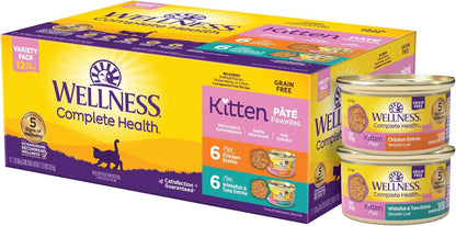 Wellness Complete Health Pate Kitten Wet Cat Food, Natural, Protein-Rich, Grain Free, 3 Ounce, 12 Pack, (Whitefish & Chicken Variety Pack)