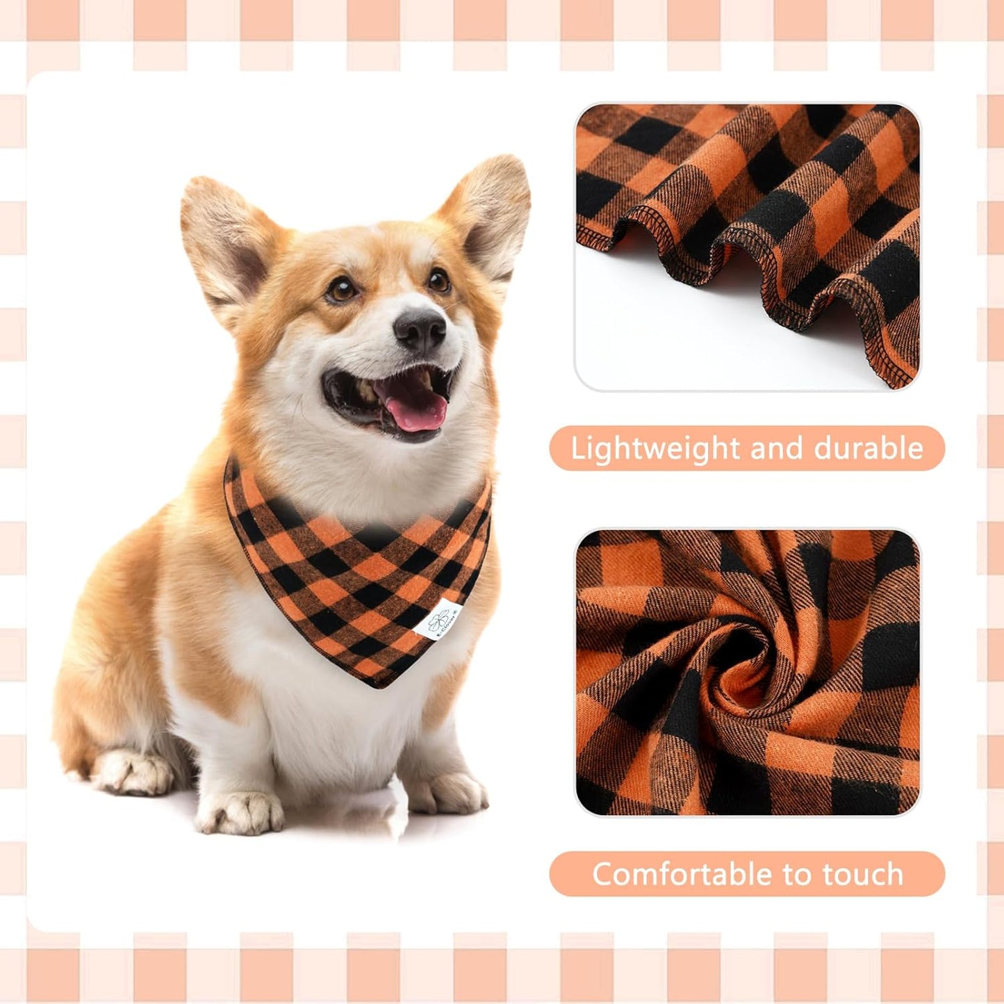 E-Clover Fall Dog Bandana & Matching Scrunchie-Orange Black Dog Bandanas Plaid Pet Scarf Bib for Medium Large Dogs Girl Boy Owner Gift Orange Black