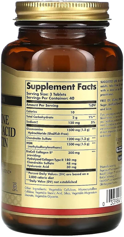 Solgar Glucosamine Hyaluronic Acid Chondroitin MSM, 120 Tablets - Supports Healthy Joints - Supports Range of Motion & Flexibility - Extra Strength, Shellfish Free - Non-GMO, Gluten Free - 40 Servings