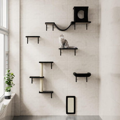 NUNU LAB Cat Wall Shelves, 6 Pcs Luxury Wall-Mounted Cat Climber Set, Indoor Cat Furniture with 1 Condos House, 2 Cat Wall Shelves, 1 Scratching, 1 Bridge Ladder, 1 Scratching Pad, Black