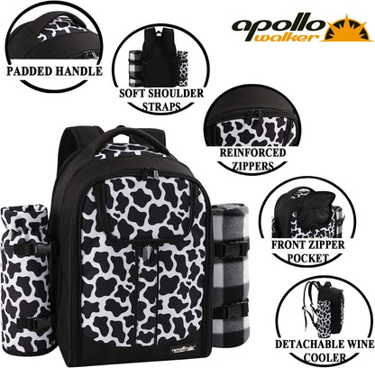 apollo walker Picnic Backpack Bag for 2 Person with Cooler Compartment, Detachable Bottle/Wine Holder, Fleece Blanket, Plates and Cutlery Set (2 Person, Black)