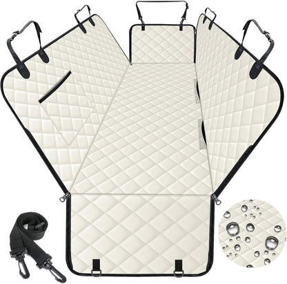 Dog Car Seat Cover, Durable Waterproof Scratch Proof Nonslip Dog Hammock, Pet Back Seat Covers with Pocket for Cars SUVs and Trucks - L, Beige/Black