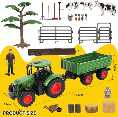 Farm Animal Tractor Toys Playset-16.5 Inches Tractor with Trailer Fence,Farmer,Tree,Cow,Farm Toy Set for Boys Girls Kids Toddlers Age 3-7 Years Old