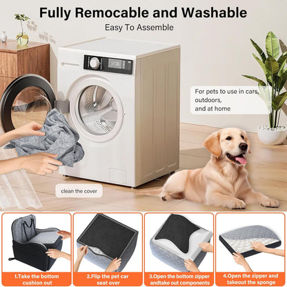 Dog Booster Car Seat, 6in Memory Foam Adjustable Booster Cushion for Small/Medium Dogs, Detachable and Washable Dog Car Seat with Cooling Mat, Pet Booster Seat with Storage Pockets, 2 Safety Belts