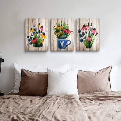 Canvas Wall Art For Kitchen Wall Decoration For Living Room Wall Decor For Bedroom Room Decor Vintage Wood Grain Plant Flowers Wall Painting Office Wall Pictures Artwork Home Decor 16" X 24" 3 Piece