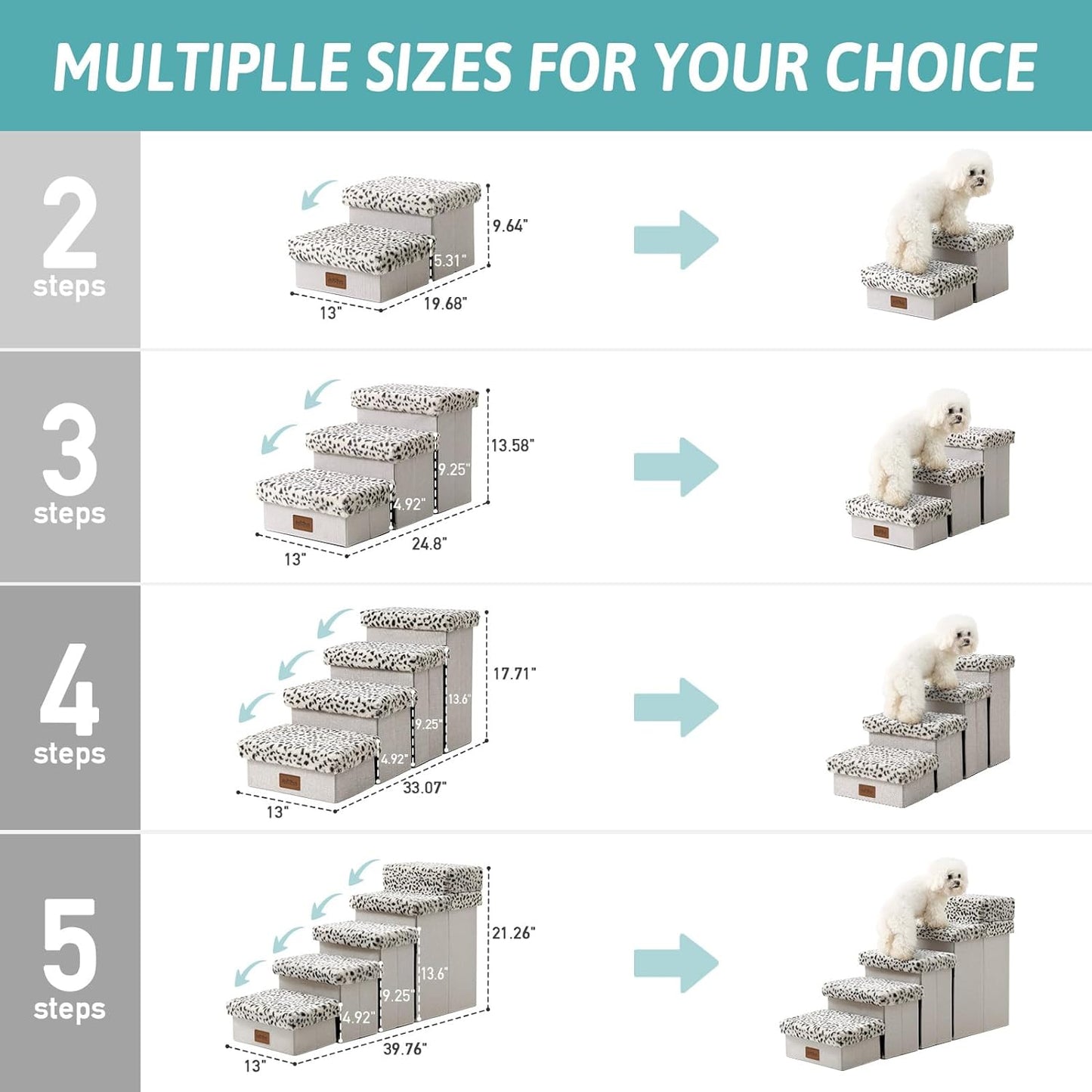 Dog Stair for Small Dogs with Storage, Foldable Pet Stairs for Medium or Puppy Dogs and Older Cats, Dog Steps for Bed or Couch with Soft Cover, 19.7x13x9.6 inch, 2 Tiers, Leopard