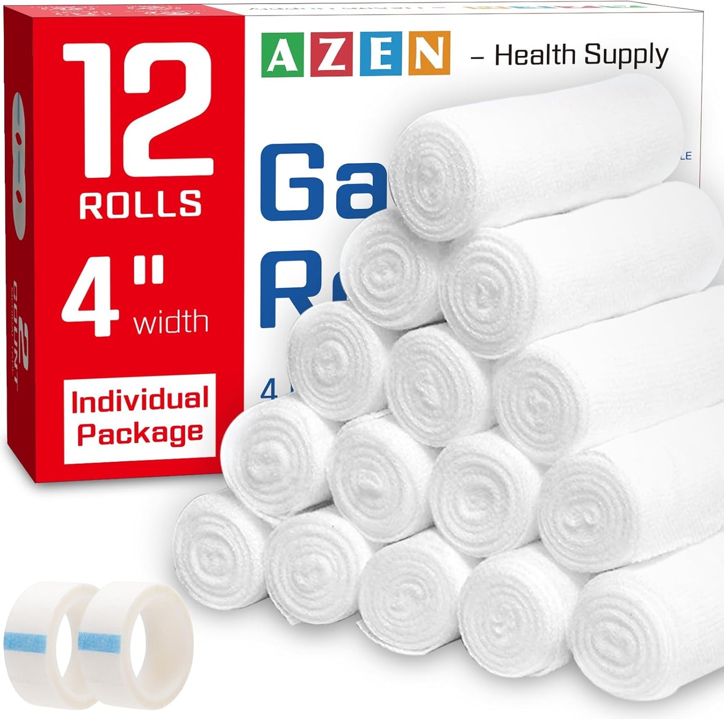 AZEN 12 Pack Gauze Rolls Bandages, 4 in x 4.1 Yards, Premium Medical Supplies & First Aid Supplies, Bandage Wrap Vet Wrap, Mummy Wraps