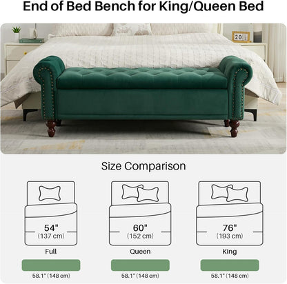 58.1'' Storage Bench Upholstered Velvet End of Bedroom Bed Bench Ottoman with Tufted Cushioned Rolled Arm Large Storage Space for Reading Living Room Entryway,Dark Green