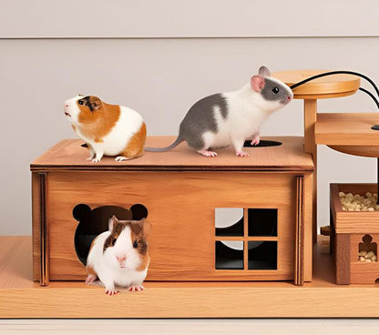 Hamster Multi Chamber Maze Hideout: Wooden Maze Tunnel House Exploring Toys for Hamster Gerbils Mice Guinea Pig Chinchillas, Small Animals Hideout and House - Brown