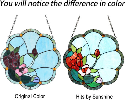 Bieye W10058 Rose Flower Tiffany Style Stained Glass Window Panel with Chain, 16-inch Wide