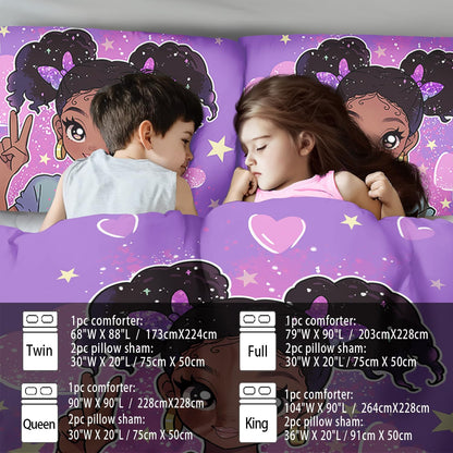 African American Black Girl Comforter Set Twin Size,Cute Black Girl Bedding Set Twin for Kids,Kawaii Heart Comforter Purple Bedding Decor for Teen,Purple Bed Quilt