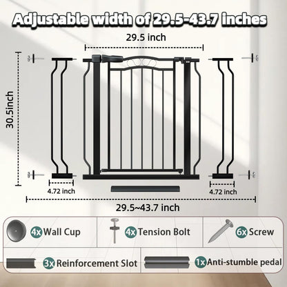 29.53"-43.30" Mornyray Auto-Close Baby Gate Extra Wide, Pressure Mounted Dog & Pet Gate for Stairs Doorways, No Drill Safety Barrier with Lace Design, Metal Child Proof Gate Indoor Outdoor, Black