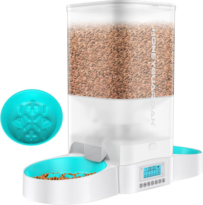 HoneyGuaridan Automatic Cat Feeder for Two Cats,5L Cat Food Dispenser with Slow Feeder Bowl,Timed Cat Feeder Programmable 1-6 Meals Control, Dual Power Supply,Desiccant Bag,10s Meal Call White
