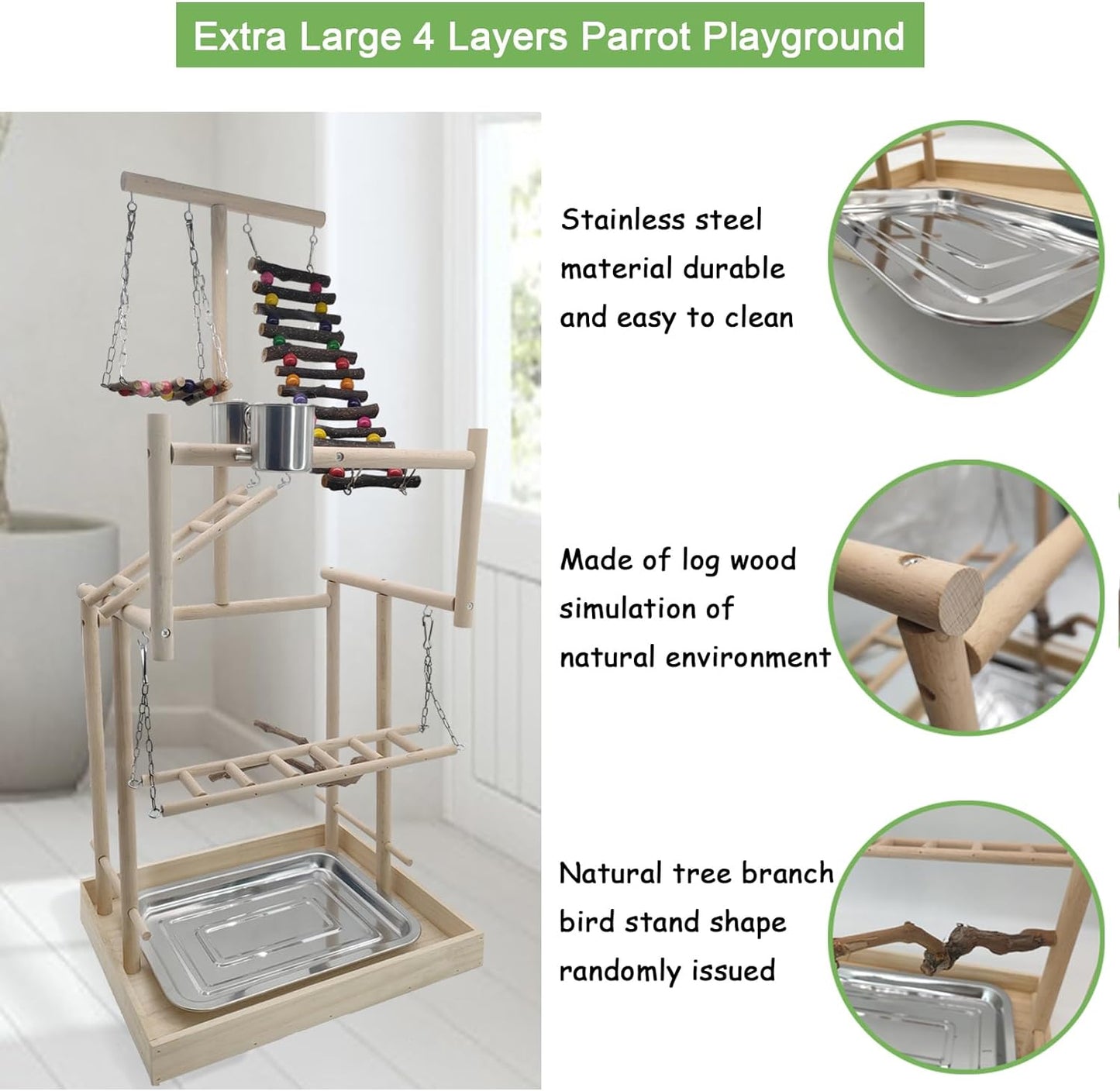 Hamiledyi 4 Layers Large Bird Playground 32" H Pet Parrot Playstand Gym Perch Wood Playpen for Parakeets Lovebirds Conure Cockatiel Cockatoos Finch Budgies or Other Small and Medium Sized Birds