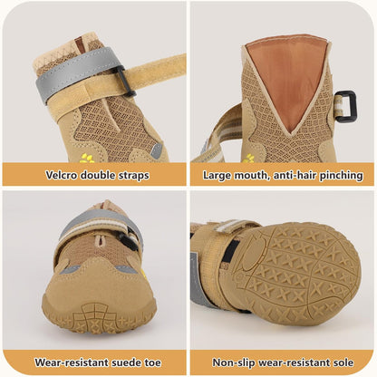 Dog Shoes, FISHOAKY Dog Shoes for Large Dogs, Mesh Breathable Dog Boots & Paw Protectors for Summer Hot Pavement Winter Snowy, 360°Anti Slip 4Pcs Dog Booties with Reflective Khaki (Size 4)