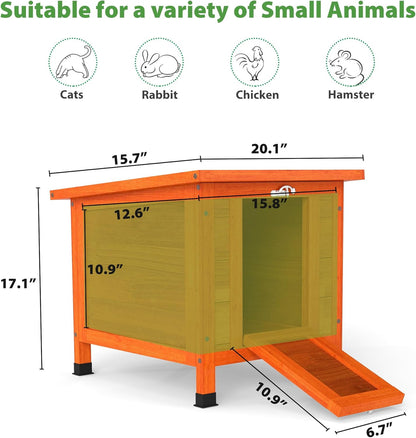 Coziwow Rabbit Hutch, Outdoor Cat House Weatherproof, Bunny Cage Indoor with Openable, Portable Small Animals Shelters with Nonslip Ramp for Hideout Rabbits/Feral Cats/Chicken/Small Animals-Orange