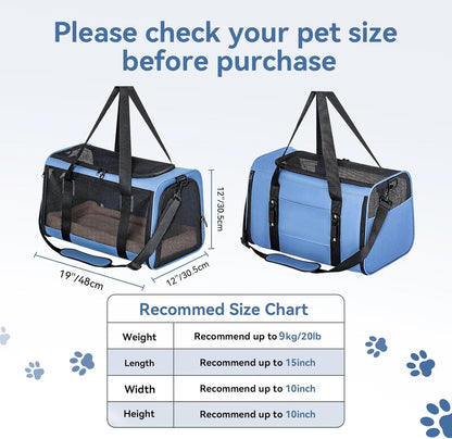 PETSFIT Soft-Sided Cat Carriers & Car Seats with Patent Safe Buckles, Clip-On Harness, 19"x12"x12" Pet Travel Carrier - 20 lbs Capacity (Blue)