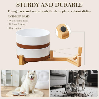 MALACASA Dog Bowls, Ceramic Dogs Bowls with Wood Stand Non-Slip, 6 Cups or 58 oz Capacity Dog Water Food Bowl Glaze Matte Weighted Non-Slip Pet Bowl for Large Dogs (L-6 Cups)