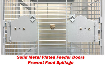 Extra Large Elegant and Durable Wrought Iron Climging Ladders Perch Stand Play Top Ground Bird Parrot Rolling Metal Cage, Include Seed Guard (White Vein, 32" x 23" x 69"H)