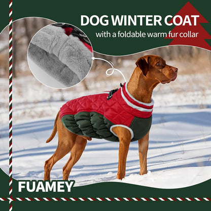 FUAMEY Dog Coat for Small Dogs,Waterproof Dog Winter Jacket with Harness Built in Puppy Cold Weather Coats Reflective Pet Vest with Zipper Warm Fleece Dogs Snowsuit Windproof Christmas S