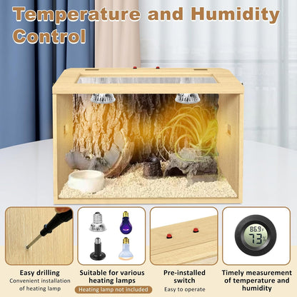 26 Gallon Bearded Dragon & Lizard Tank, Lockable Reptile Terrarium - Large Snake & Leopard Gecko Enclosure with Openable Roof Door (Wooden, 24" L x 16" W x 16" H)